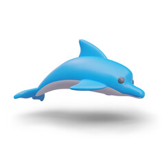 Blue dolphin in cartoon style. Vector color illustration with shadow. Positive sea animal. Dolphin jumps out of water. Template for web design on white background