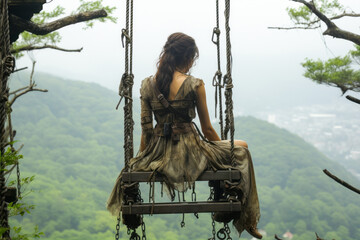 Dirty primitive woman swinging in virgin forest.