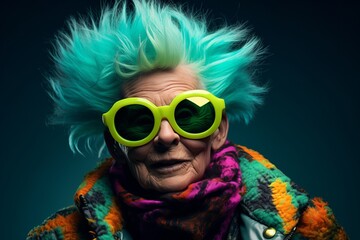A Woman with Vibrant Green Hair and Stylish Sunglasses