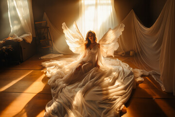 Beautiful woman angel with white wings and veil.