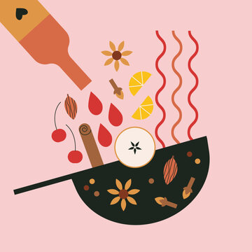 Hot mulled wine, ingredients, fruits, spices, steam. Autumn cocktail. Pot with red wine, citrus, cinnamon, clove, star anise. Winter homemade drink vector illustration. Flat trendy abstract style.