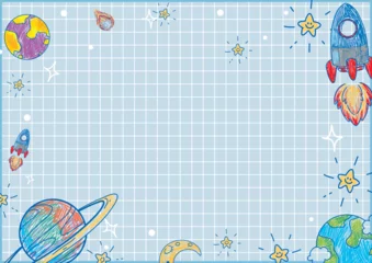 Foto op Plexiglas Children's Space-Themed Cartoon on Lined Notebook Pages © GraphicsRF
