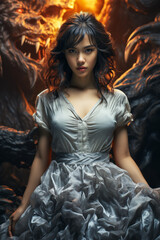 Asian brunette woman in white dress posing with a demon