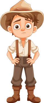 Bored Sad Boy in Farmer Overalls Cartoon Character