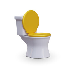 Open new ceramic toilet bowl isolated on white background. Luxury toilet with gold lid. 3d home concept. Realistic model. Vector illustration with place for text