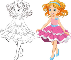 Party Princess: A Girl Cartoon Character in a Doodle Outline Dress