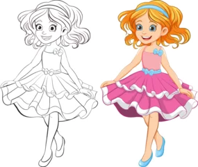 Foto op Plexiglas Party Princess: A Girl Cartoon Character in a Doodle Outline Dress © GraphicsRF