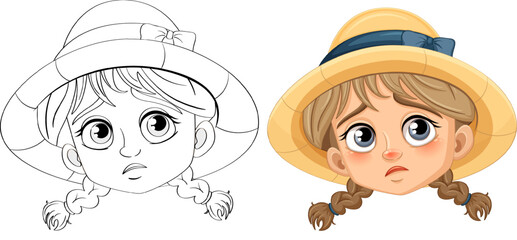 Sad Girl with Braids: A Doodle Outline for Coloring