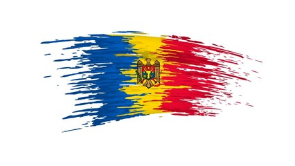 Moldova flag animation. Brush painted moldavian flag on white background. Brush strokes. Moldova state patriotic national banner template. Place for text. Animated design element, seamless loop