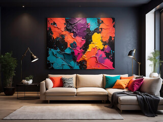 Modern living room interior with colorful abstract painting, beige sofa with vibrant cushions, and indoor plants.