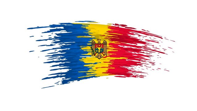 Moldova flag animation. Brush painted moldavian flag on white background. Brush strokes. Moldova state patriotic national banner template. Place for text. Animated design element, seamless loop