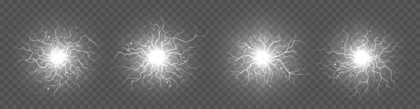 Vector set of balls of electricity, blast storm strike in sky or magic energy thunderbolt burst.