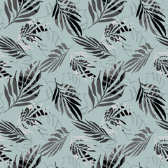 Seamless pattern of tropical palm and monstera leaves.