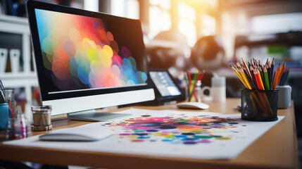 Creative Designer's Workspace with Color Samples - obrazy, fototapety, plakaty