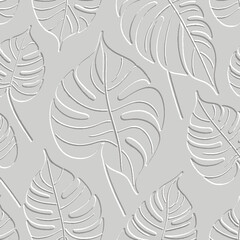 Textured floral line art monstera leaves 3d seamless pattern. Tropical relief background. Repeat embossed white backdrop. Surface leaves, branches. 3d endless leafy ornament with embossing effect - obrazy, fototapety, plakaty