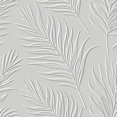 Textured floral line art palm leaves 3d seamless pattern. Tropical relief background. Repeat embossed white backdrop. Surface leaves, branches. 3d endless leafy ornament with embossing effect