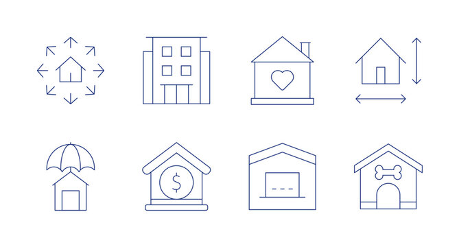 Home icons. Editable stroke. Containing home, house insurance, happy house, work from home, condominium, value, size, dog house.