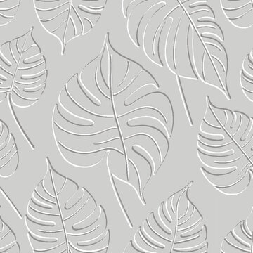 Textured floral line art monstera leaves 3d seamless pattern. Tropical relief background. Repeat embossed white backdrop. Surface leaves, branches. 3d endless leafy ornament with embossing effect
