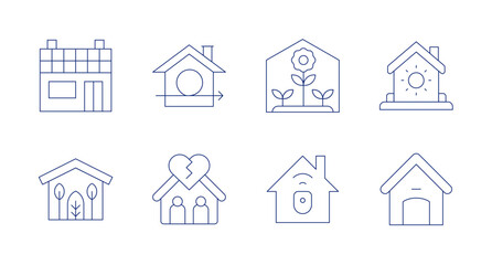 Home icons. Editable stroke. Containing solar house, green home, green house, home, broken, house, dog house.