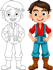 Happy Smiley Boy in Farmer Overalls Cartoon Character