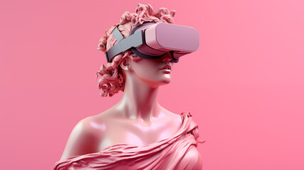 The sculpture of the ancient Greek godess statue uses a modern augmented virtual reality headset. pink pastel background - obrazy, fototapety, plakaty