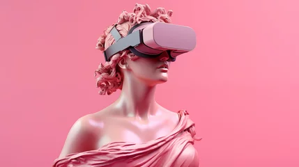 Fotobehang The sculpture of the ancient Greek godess statue uses a modern augmented virtual reality headset. pink pastel background © ALL YOU NEED studio