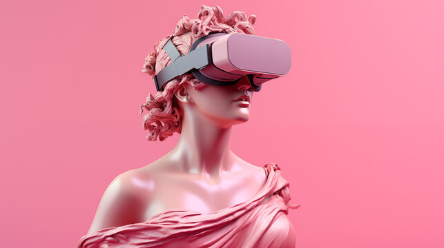 The sculpture of the ancient Greek godess statue uses a modern augmented virtual reality headset. pink pastel background