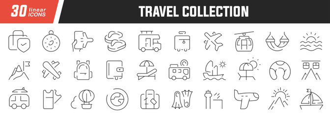 Fototapeta na wymiar Travel linear icons set. Collection of 30 icons in black