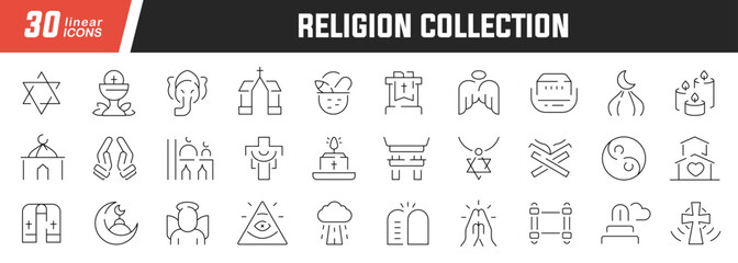 Religion linear icons set. Collection of 30 icons in black
