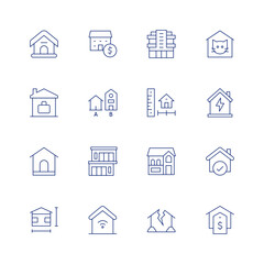 Home line icon set on transparent background with editable stroke. Containing dog house, work from home, house plan, modern house, house design, house, broken family, valuation, smart home, pet.