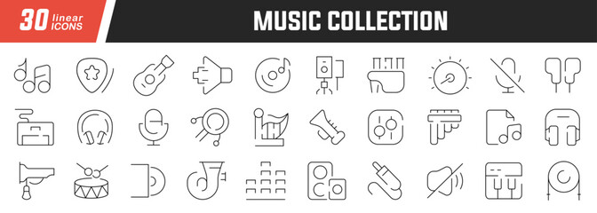 Music linear icons set. Collection of 30 icons in black