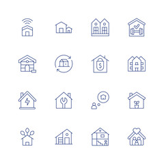 Home line icon set on transparent background with editable stroke. Containing smart home, dog house, eco house, houses, home insurance, house, dolls house, neighborhood, home repair, home, seeds.