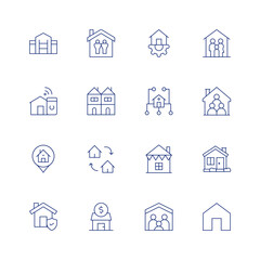 Home line icon set on transparent background with editable stroke. Containing house, smart house, home address, home automation, home network, picnic, family, terraced house, exchange, home.