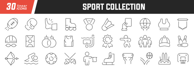 Fototapeta na wymiar Sport linear icons set. Collection of 30 icons in black