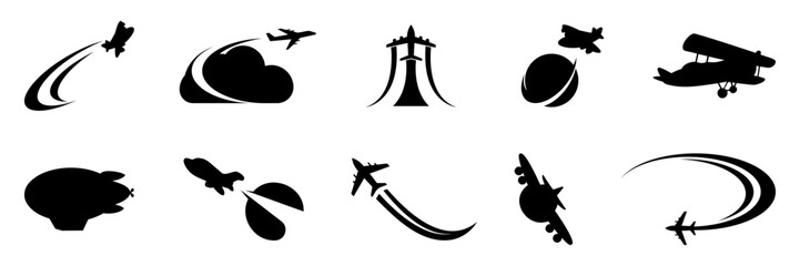 Airplane launch silhouette collection. Rocket and plane launch icon. Airplane icon take off © top dog