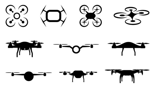 Civilian aerial drone icons in black on a white background. Set of aerial drone silhouette. Logos templates of flying drones. Set of flying drones