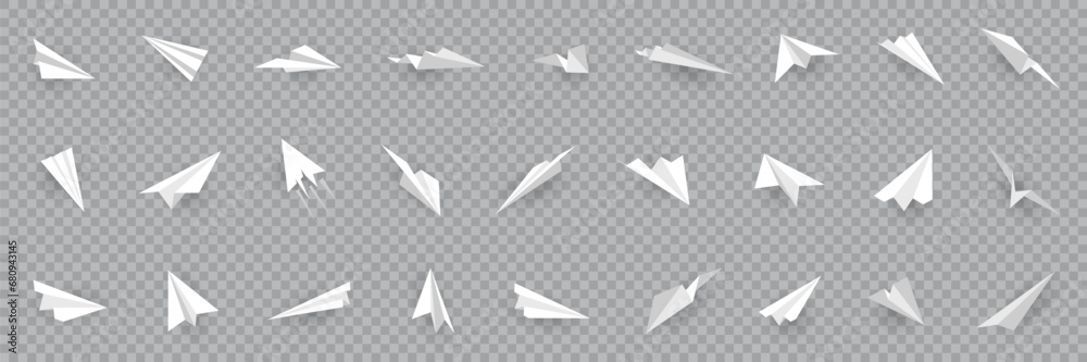 Poster realistic white handmade paper planes collection with shadow on a transparent background. white pape