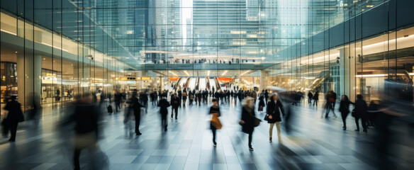 Business people walking in the lobby of a modern shopping center. Blurred motion effect.