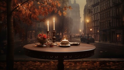 The Serene Glow of Candlelight: A Table Set with Candles in the Middle of a Street