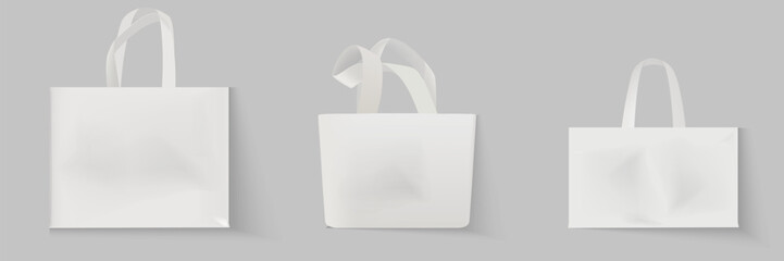 Blank shopping paper bag collection with shadow on a gray background. White paper bag isolated on white background