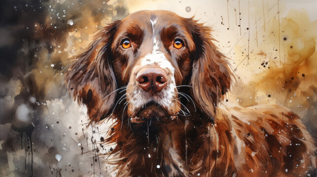 Watercolor painting of a spaniel dog with colorful splashes
