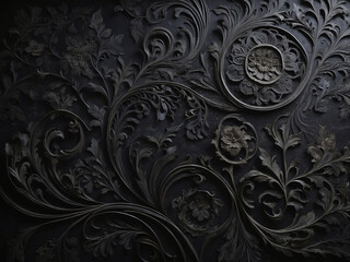 Elegant black ornate floral pattern on a dark background, with intricate details and symmetrical design, suitable for luxury backgrounds.