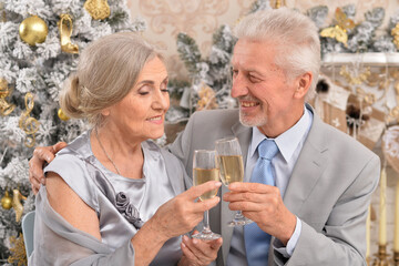 Old couple with champagne celebrating Christmas near tree