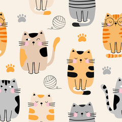 Seamless pattern with cute cats, Cat toy, footprint for your fabric, children textile, apparel, nursery decoration, gift wrap paper, baby's shirt. Vector illustration