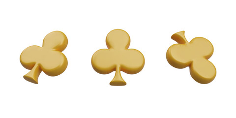 Clubs in yellow gold colors collection. Set with items for playing card games. Concept of casino Vegas game and poker. Vector illustration in 3D style