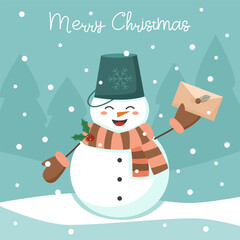 Christmas and winter concept. Snowman in the hat with envelope.	
