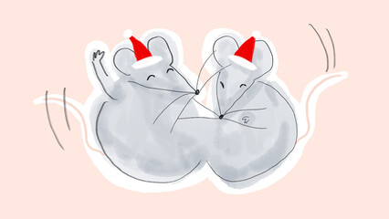 笑い転げるネズミのイラスト(クリスマス、ベビーピンク)