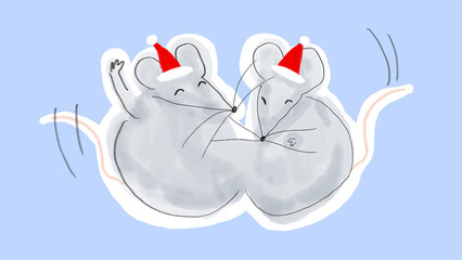 笑い転げるネズミのイラスト(クリスマスバージョン、水色)