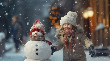 Obraz premium Group of children playing on snow in winter time