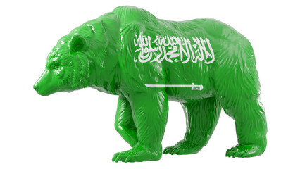 A bear with Saudi Arabia flag on transparent background representing Saudi Arabia bear stock market. 3d rendering